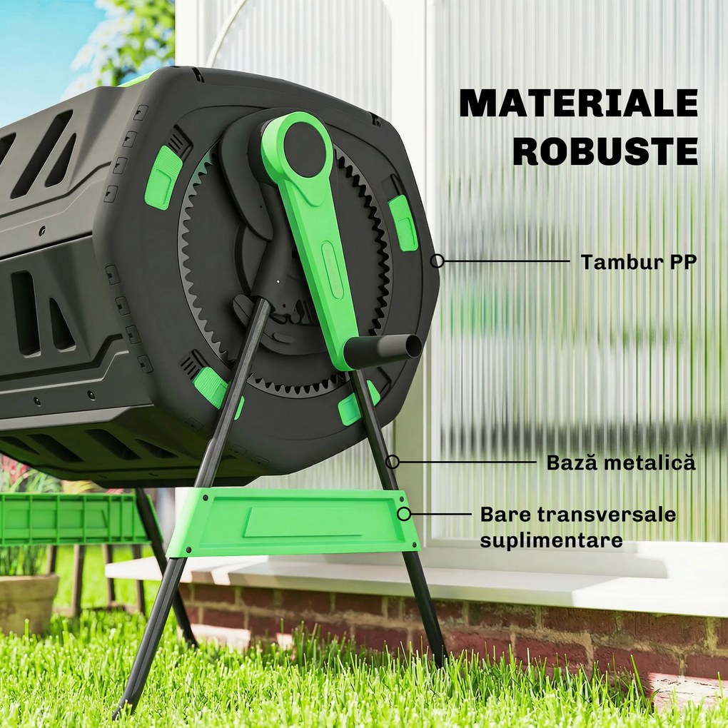 Compostor de Grădină Rotativ Outsunny 200L cu Cameră Dublă, Rotație 360°, Guri de Aerisire, Mănuși, din PP Fără BPA, pentru Compostare Deșeuri Organice din Bucătărie, Grădină și Curte | Aosom Romania