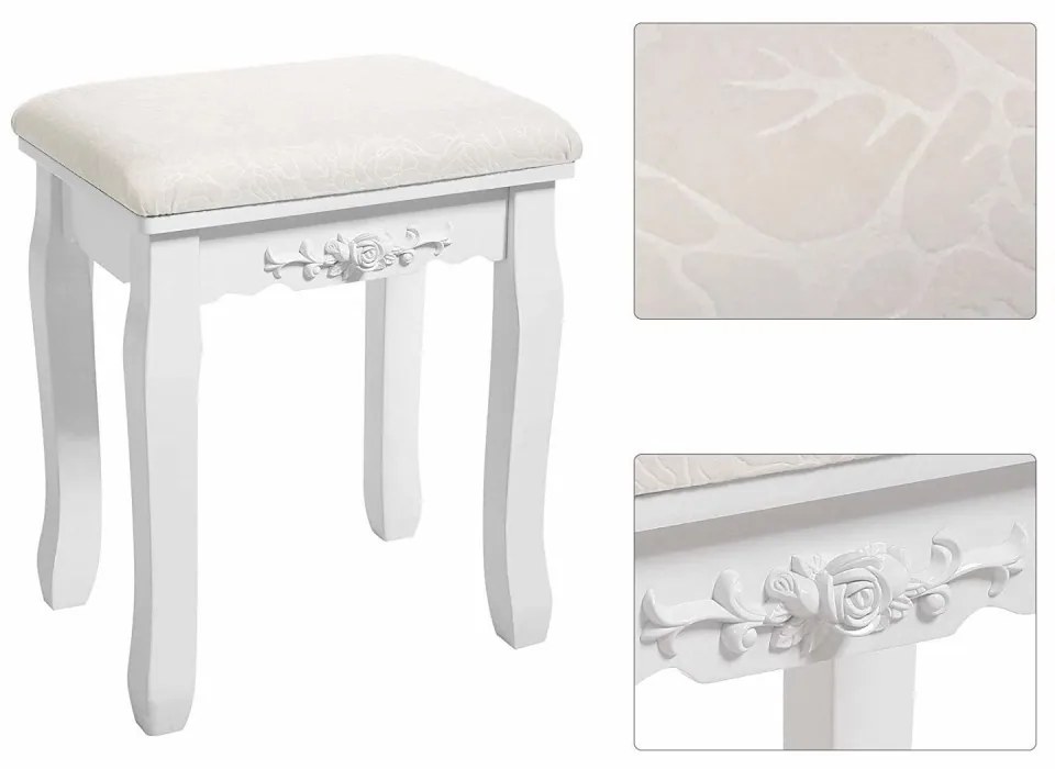 Set Barbara, Masă de toaletă cu 3 oglinzi, 5 sertare, organizator, scaun, Alb,