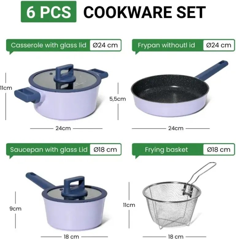Set de cratite, cos de prajit si tigaie Just Perfecto JL-330, 6 piese, Acoperire din marmura, Inductie, Capac din sticla cu orificiu pentru abur, Violet/albastru