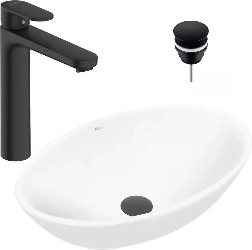 Pachet lavoar pe blat Rea Pamela alb 53 cm, baterie lavoar Hansgrohe Vernis Blend 190 negru si ventil lavoar Click-Clack negru