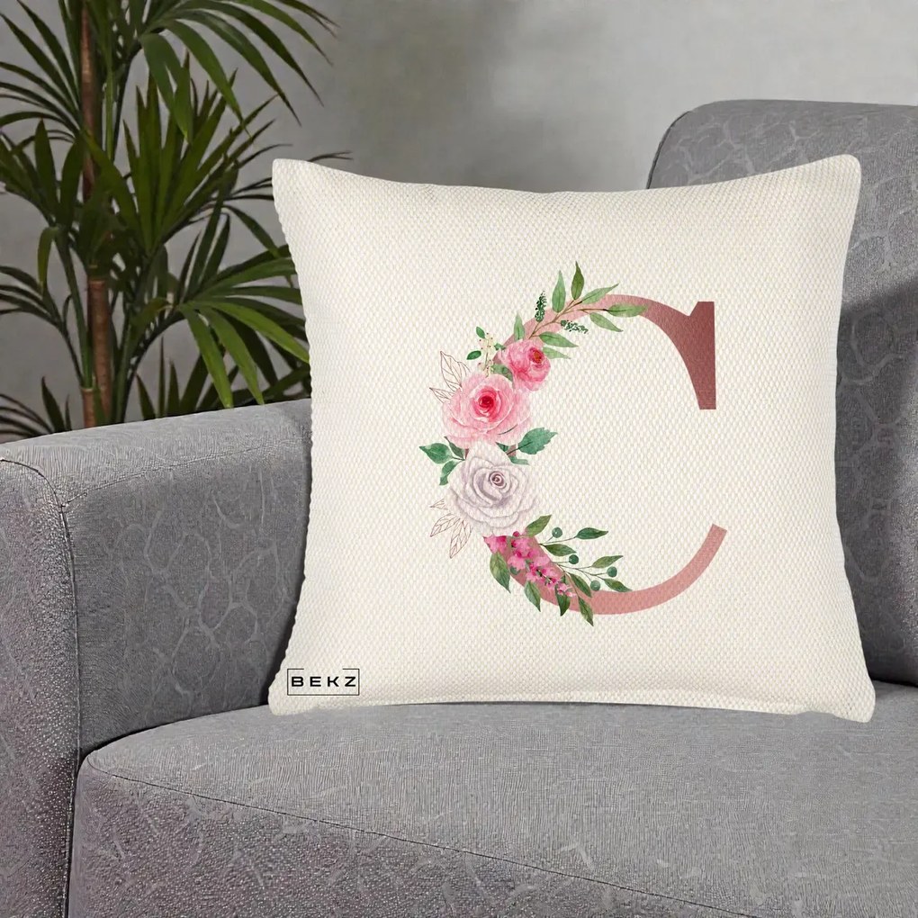 Cadou Personalizat - Perna Personalizata Monograma Rose Gold Litera C, 40x40 cm, Crem Reliefat, Husa Detasabila, Perna Inclusa, BEKZ®