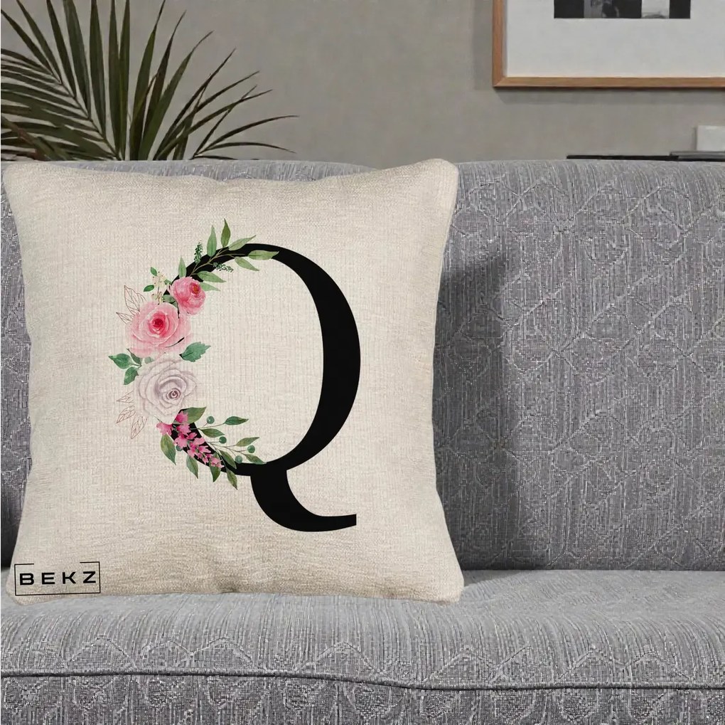 Cadou Personalizat - Perna Personalizata Monograma Florala Litera Q, 40x40 cm, Bej Canapea, Husa Detasabila, Perna Inclusa, BEKZ®