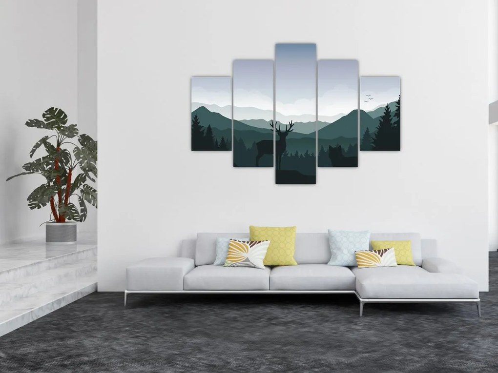 Tablou - Cerb cu lup pe stânci (150x105 cm)