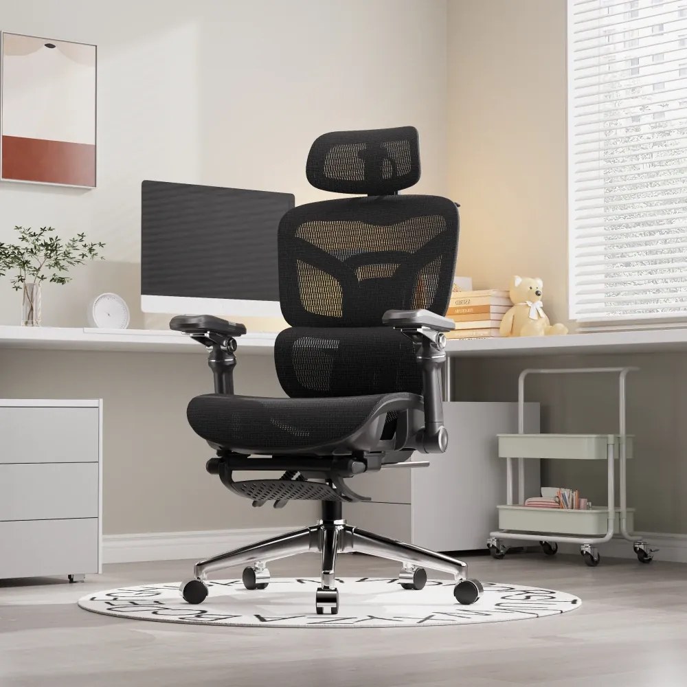 Scaun ergonomic, Sezut translatie, cotiere 9D, tetiera 3D, suport lombar 3D Adaptive, pivotant, suport picioare, Negru