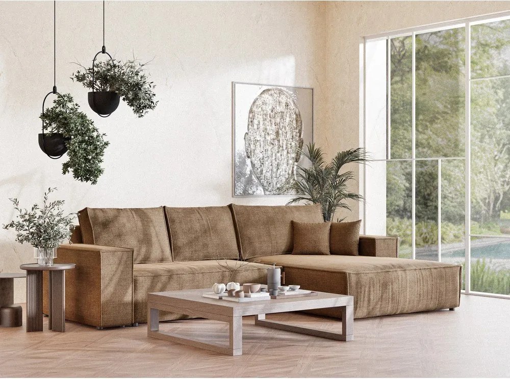 Colțar maro deschis extensibil/cu spațiu de depozitare cu tapițerie din chenille (cu colț pe partea dreaptă/cu șezlong) Maze – Maison de Rêve