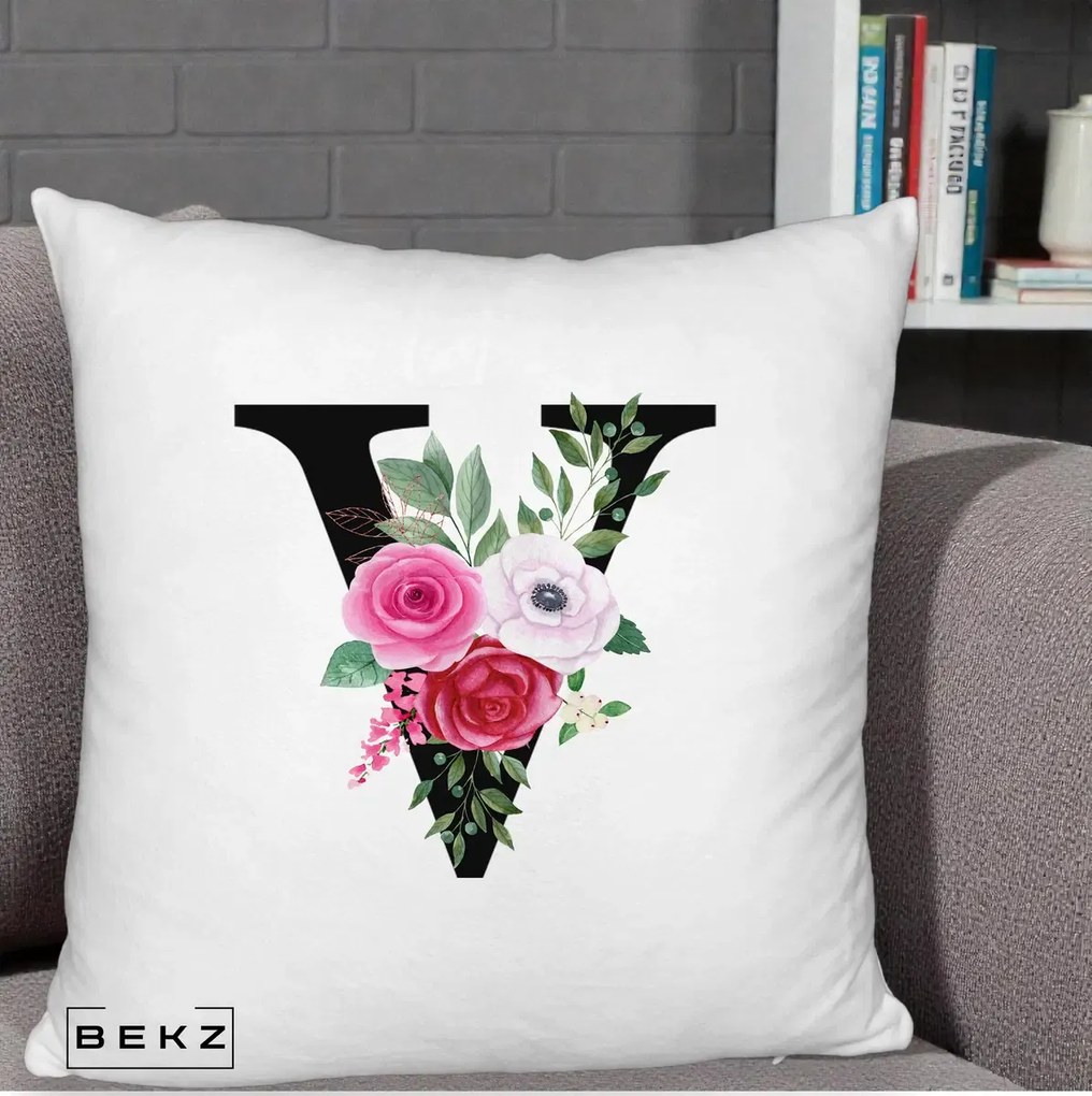 Cadou Personalizat - Perna Personalizata Monograma Florala Litera V cu Buchet, 40x40 cm, Alb Pufos, Husa Detasabila, Perna Inclusa, BEKZ®