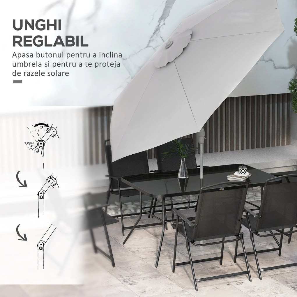 Outsunny Set de grădină cu Masă, 6 Scaune Pliante și Umbrelă de Soare cu Manivelă, Set pentru Exterior din 8 piese, 140x90x70 cm, Gri