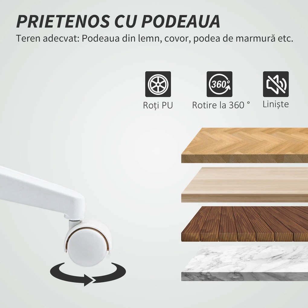 HOMCOM Scaun de Birou Ergonomic și Reglabil cu Spătar Curbat, din Piele PU și Oțel, 58x53x97-107 cm, Alb | Aosom Romania