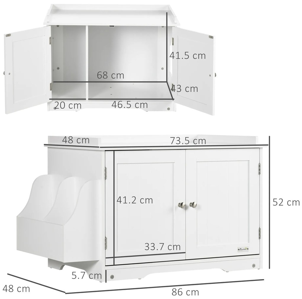 PawHut Mobilier Acoperit pentru Litieră cu Separator Interior Reglabil, Intrare Laterală și 2 Uși, 86x48x52 cm, Alb | Aosom Romania