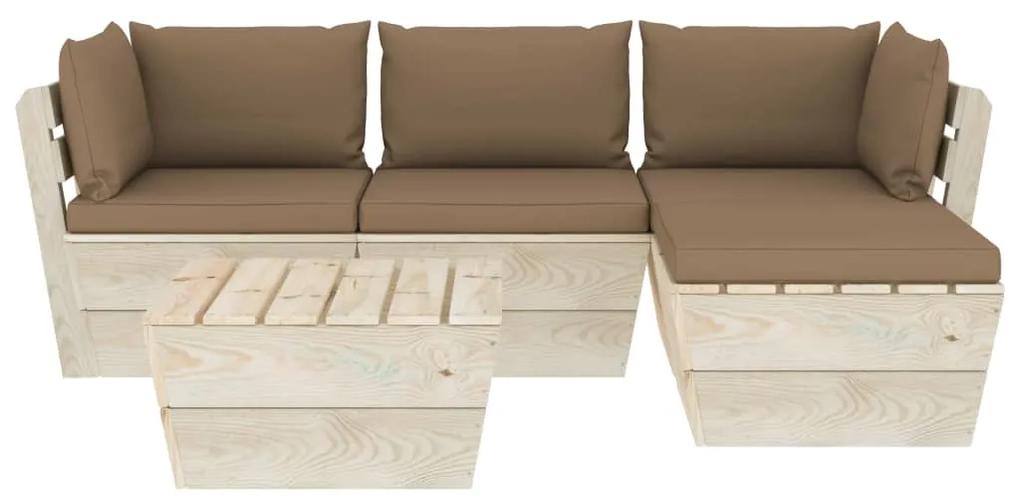 Set mobilier gradina din paleti cu perne, 5 piese, lemn molid Gri taupe, 2x colt + mijloc + masa + suport pentru picioare, 1