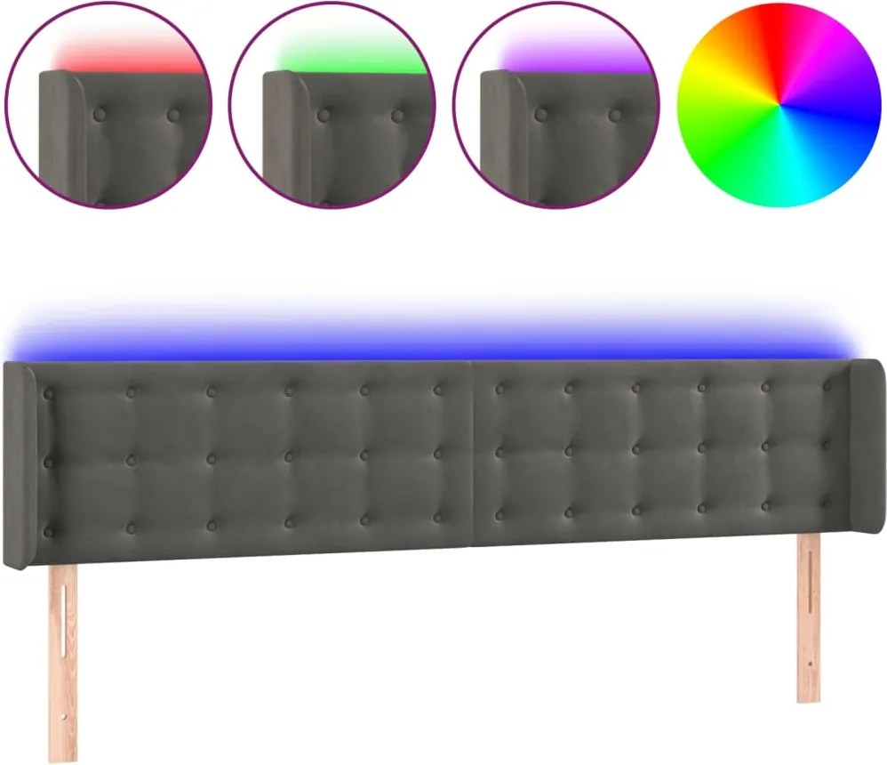 vidaXL Tăblie de pat cu LED gri închis 183x16x78/88 cm catifea