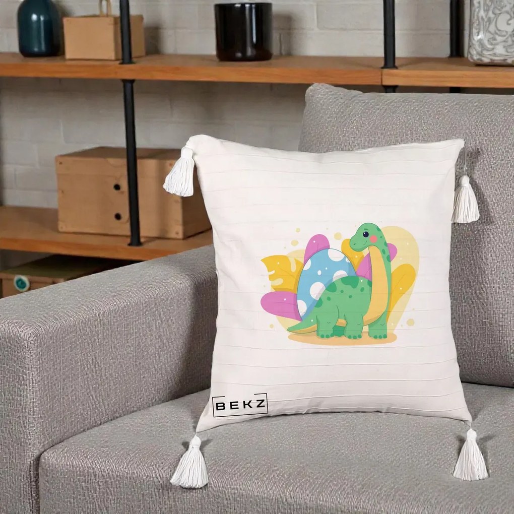 Perna Personalizata Dinozaur cu Ou Pastelat, 40x40 cm, Bej cu Franjuri, Husa Detasabila, Perna Inclusa, BEKZ®