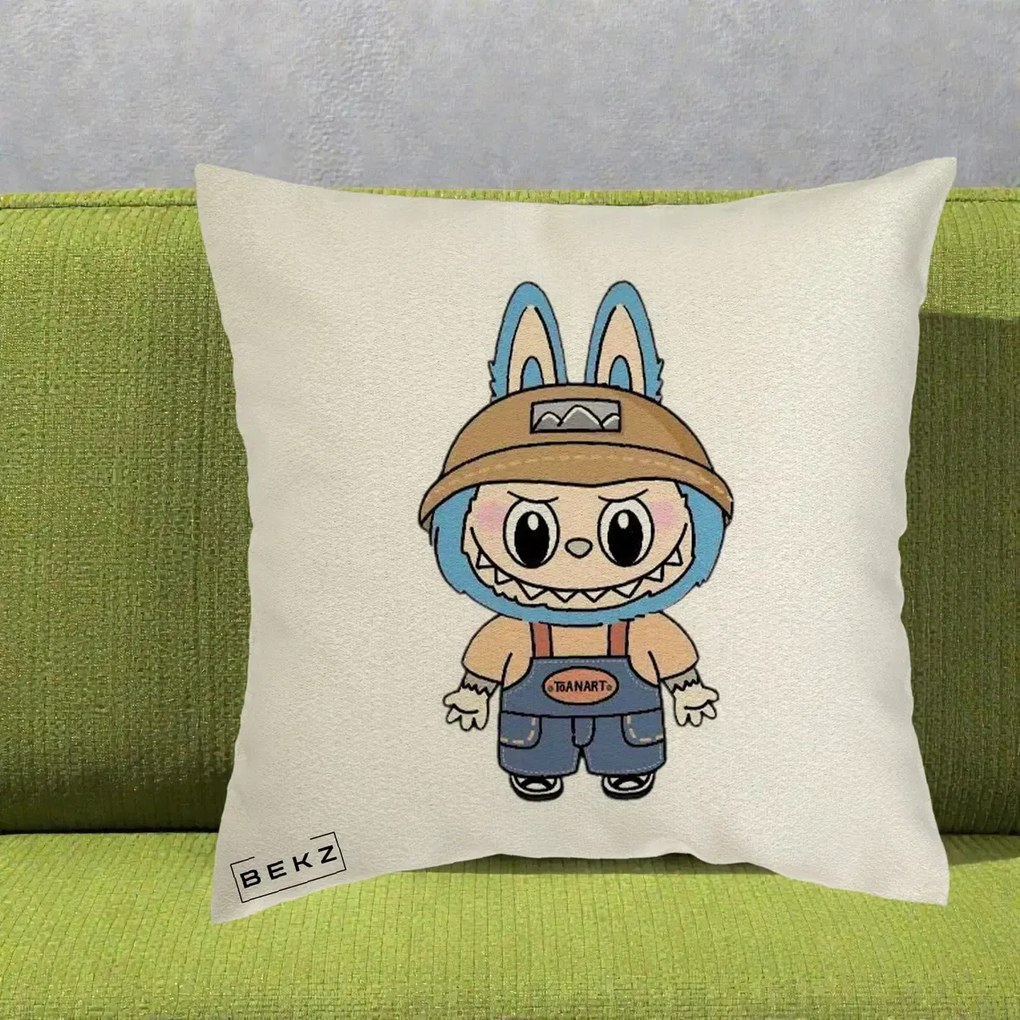 Perna Personalizata Labubu Toanart Blugi, 40x40 cm, Ecru, Husa Detasabila, Perna Inclusa, BEKZ®