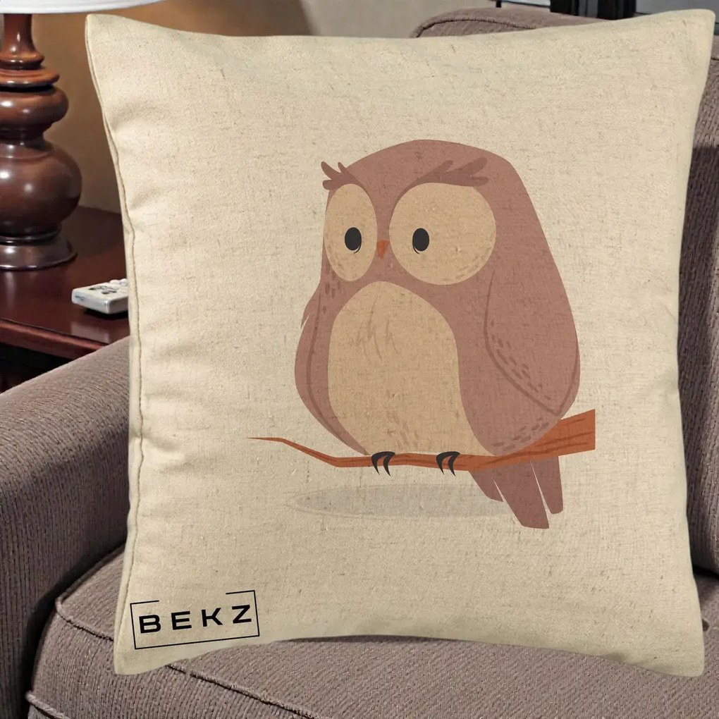 Perna Decorativa Bufnita Kawaii pe Creanga, 40x40 cm, Bej, Husa Detasabila, Perna Inclusa, BEKZ®