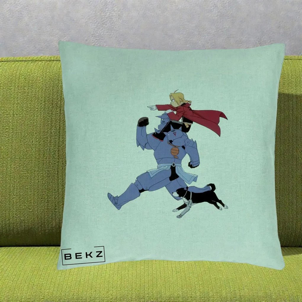Perna Personalizata Fullmetal Alchemist Edward si Alphonse, 40x40 cm, Verde Menta, Husa Detasabila, Perna Inclusa, BEKZ®