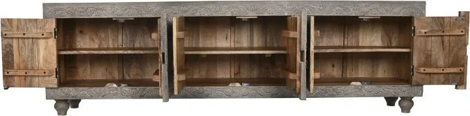 Comodă TV sculptată lungă din lemn masiv, gri, cu 6 uși, 3 rafturi și zăvoare din lemn, finisaj patinat, 61 x 200 x 40 cm, „Arvane”