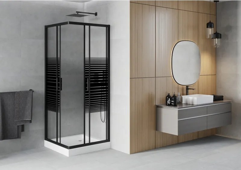 Mexen Rio cabina de duș pătrată 80 x 80 cm, dungi negre, neagră + cadă de duș, albă - 860-080-080-70-20-4510