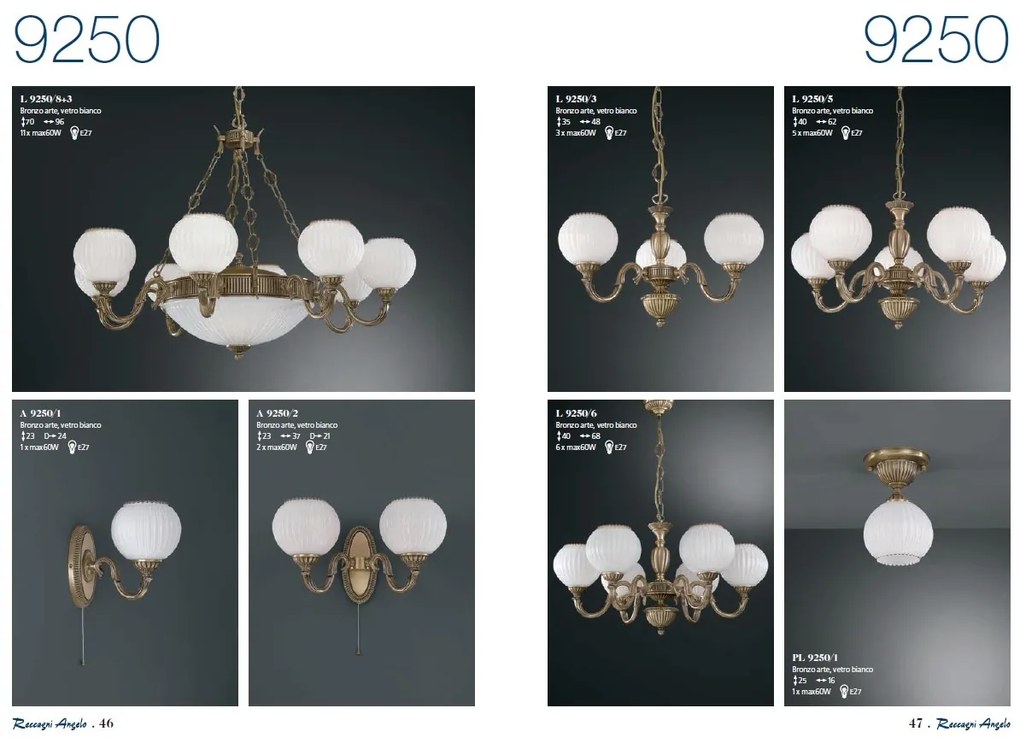 Candelabru cu 5 brate clasic design italian din alama, sticla 9250 RA-L. 9250/5