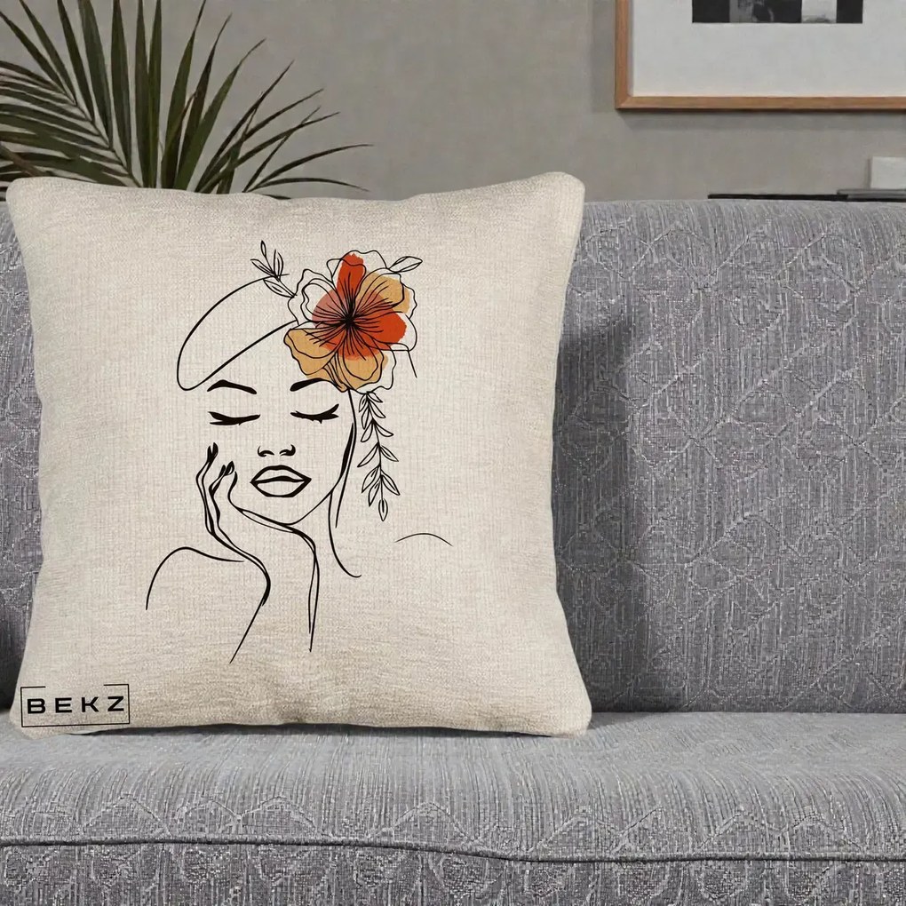 Perna Decorativa Portret Feminin Flori Palarie, 40x40 cm, Bej Canapea, Husa Detasabila, Perna Inclusa, BEKZ®