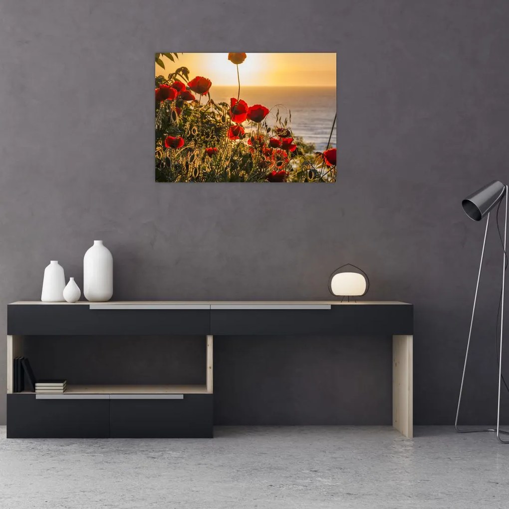 Tablou cu apus de soare cu flori de maci (70x50 cm), în 40 de alte dimensiuni noi