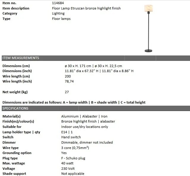 Lampadar/ Lampa de podea design LUX Etruscan, bronz 114684 HZ