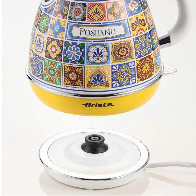 Cana electrica Ariete Positano 2869/0P, 2000W, 1,7 L, Filtru detasabil, Fereastra nivel apa, Baza fara fir 360°, Alb/Galben