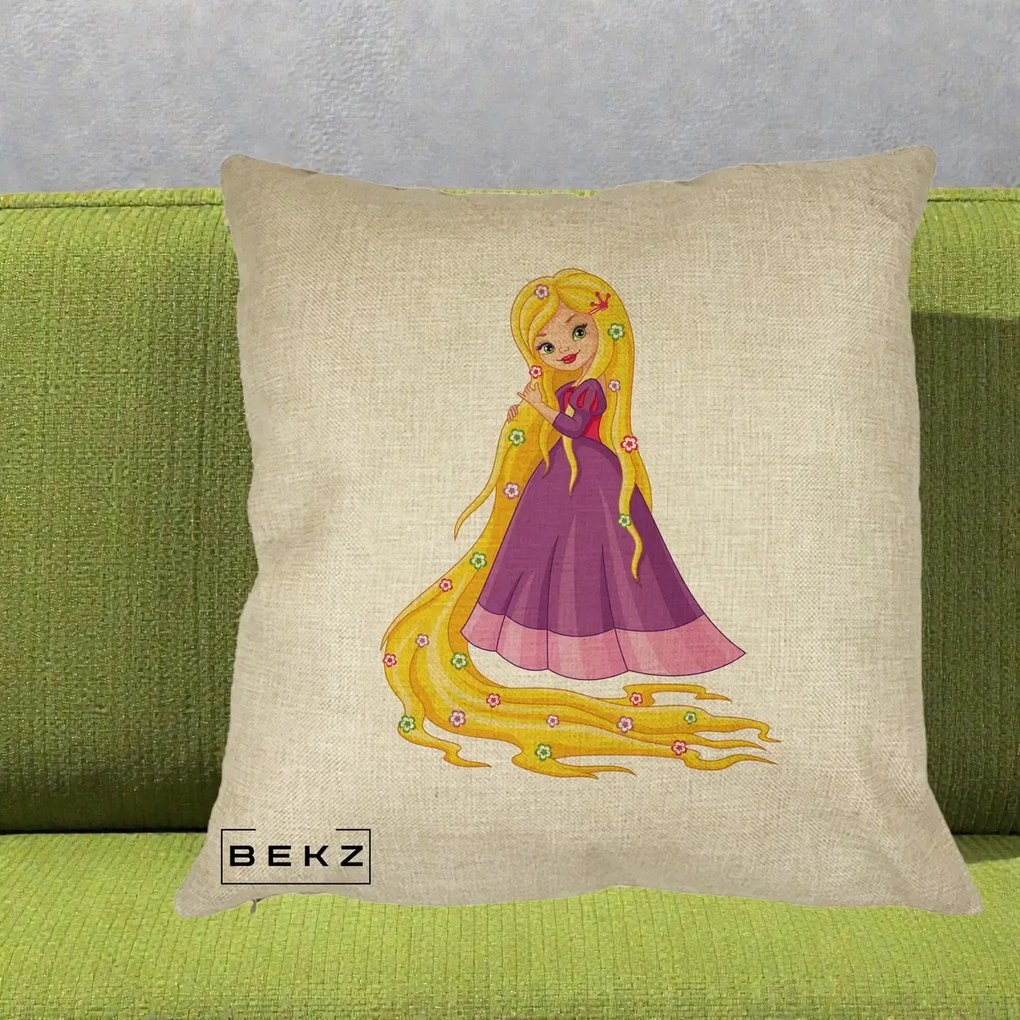 Perna Personalizata Rapunzel Par Lung Floral, 40x40 cm, Crem, Husa Detasabila, Perna Inclusa, BEKZ®