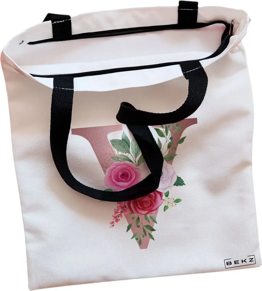 Sacosa de Panza pentru Cumparaturi, Geanta Tote, Cu litera V Rose Gold si Trandafiri, Cu fermoar, 38x34.5 cm, Alba, BEKZ®