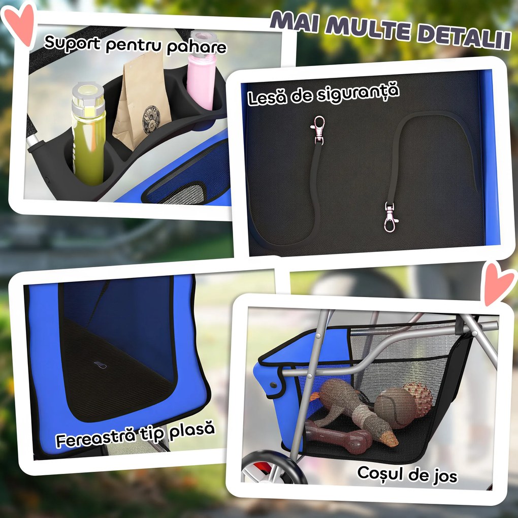 PawHut Cărucior pentru Câini Pliabil cu Husă de Ploaie, Roți Pivotante și Pernă Lavabilă, 77x44x102 cm, Albastru | Aosom Romania