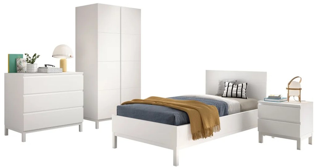 Set Complet Mobilier Cameră Copii EVA: Pat 90x200 cm, Noptieră, Dulap 2 Uși și Comodă, Alb – Vipack