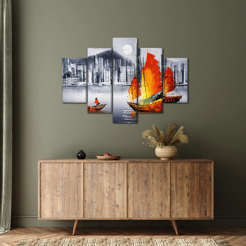 Tablou - Victoria Harbour, Hong Kong, pictură în ulei alb- negru (150x105 cm)