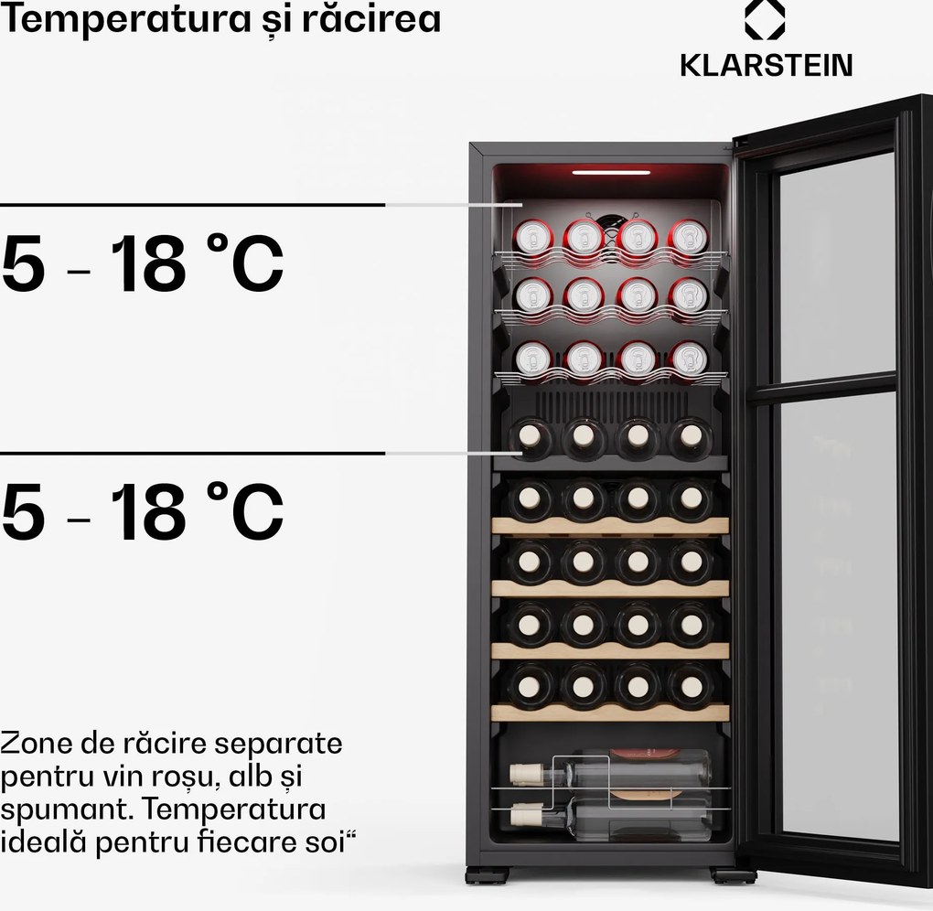 Klarstein Bovella 36 Duo+ frigider vin, 2 în 1, 36 sticle, 2 zone, 7 rafturi, Control tactil