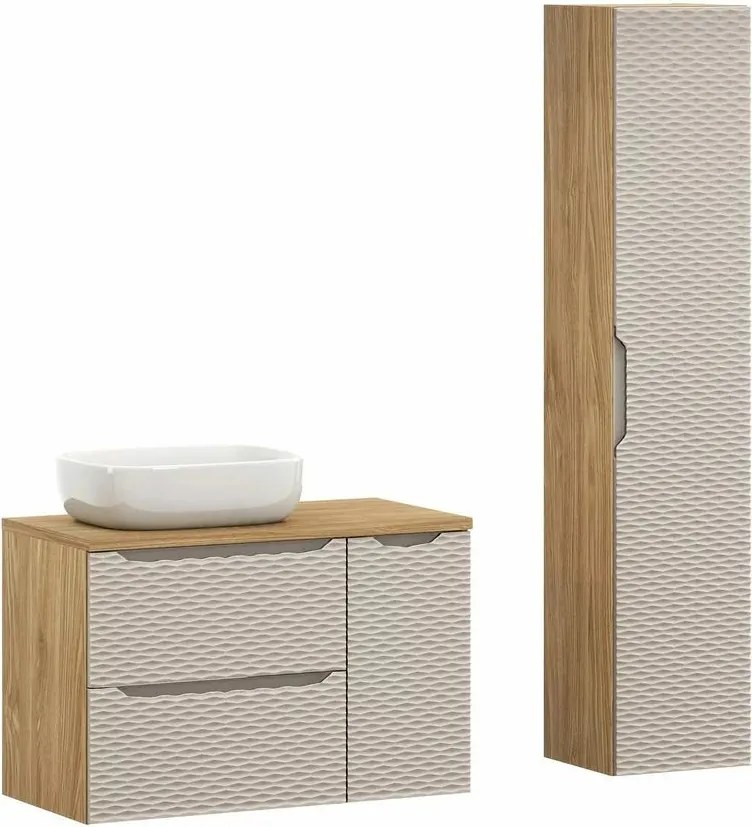 Set mobilier baie 90 cm 5 piese Comad Ocean bej si stejar uleiat