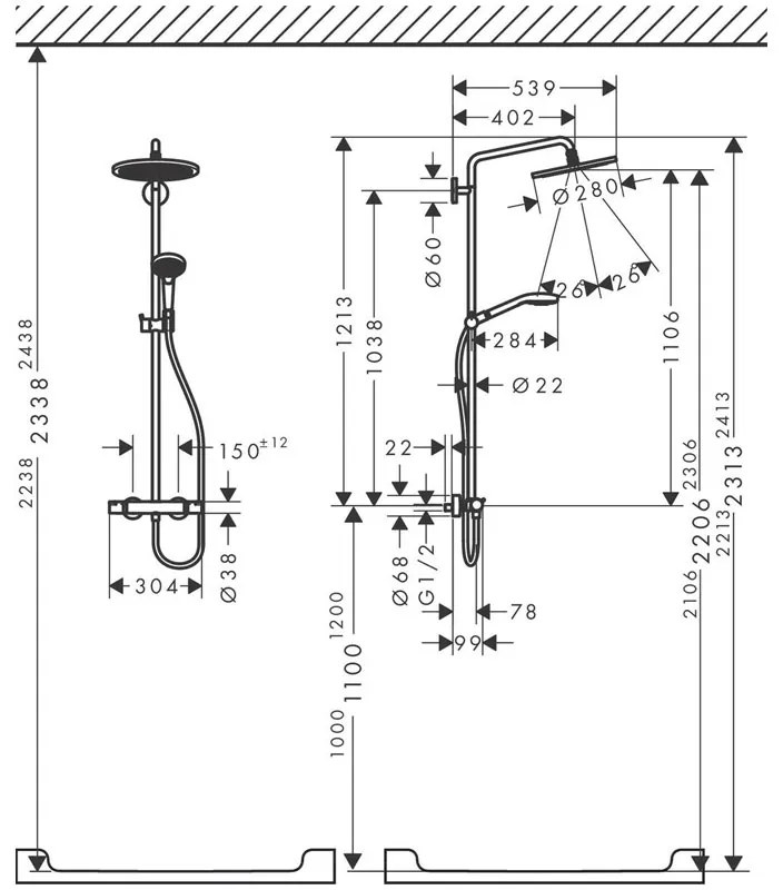 Coloana de dus cu baterie termostatata, Hansgrohe, Croma Select S, cu bara si suport dus, bronz periat