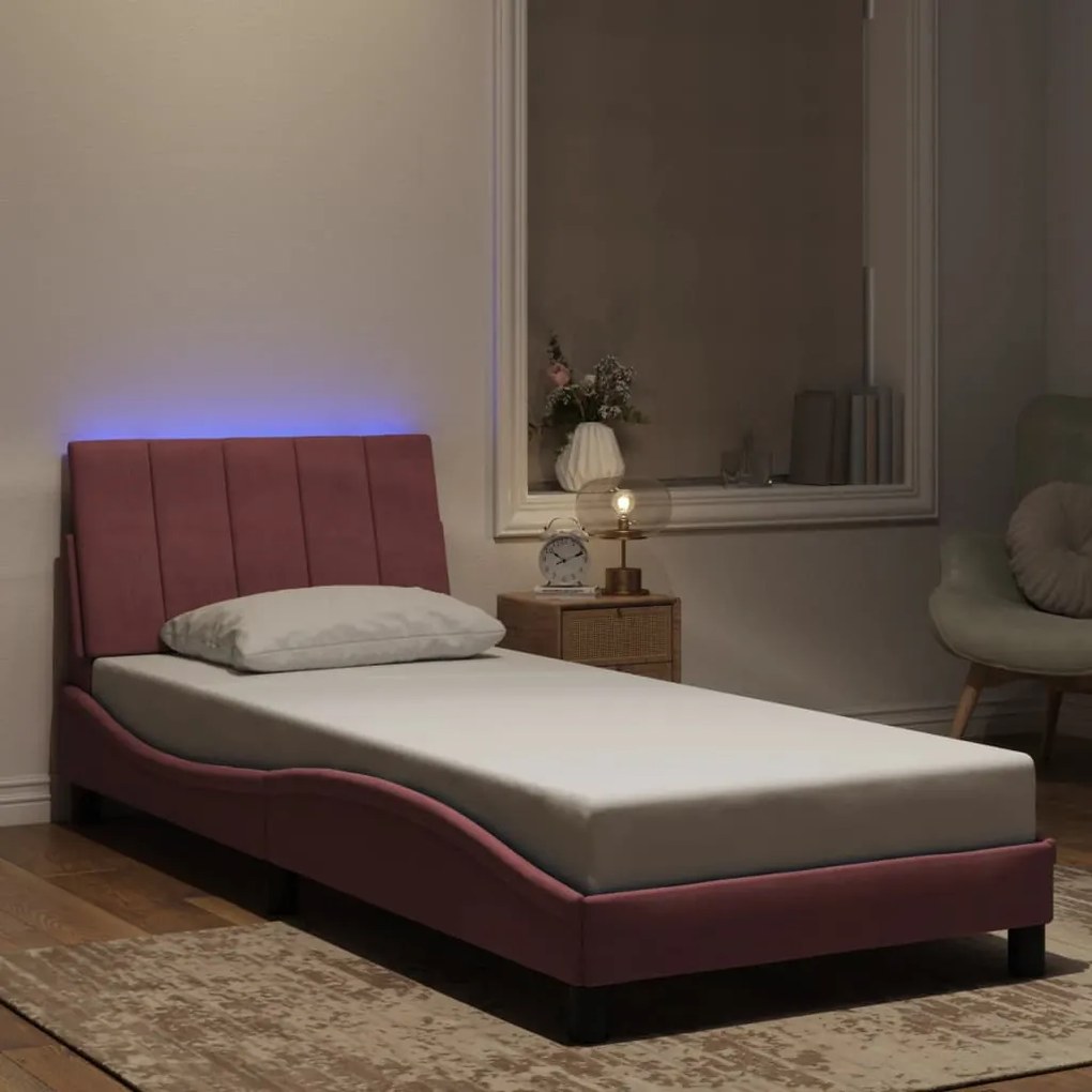 vidaXL Cadru de pat cu lumini LED, roz, 90x200 cm, catifea