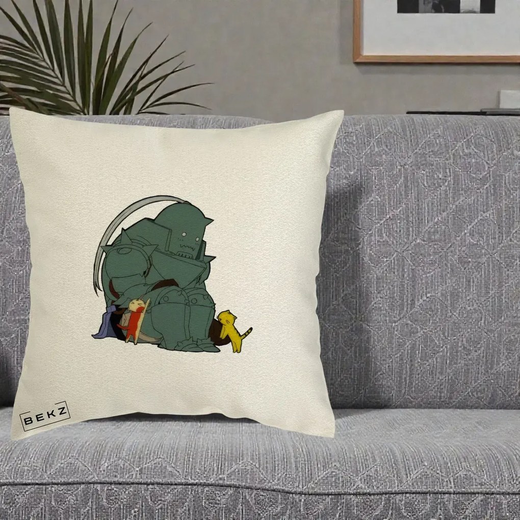 Perna Personalizata Fullmetal Alchemist Alphonse cu Pisici, 40x40 cm, Ecru, Husa Detasabila, Perna Inclusa, BEKZ®