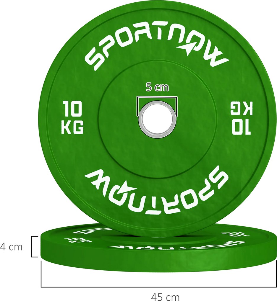 SPORTNOW Set de 2 Discuri Greutăți 2x10 kg din Cauciuc, cu Gaură de 5 cm pentru Gantere și Grijuri, Ø45x4 cm, Verde | Aosom Romania