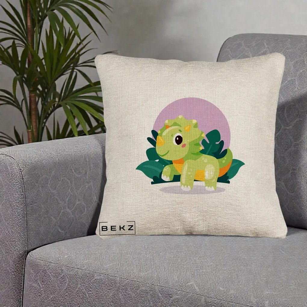Perna Decorativa Triceratops Kawaii Verde, 40x40 cm, Bej Canapea, Husa Detasabila, Perna Inclusa, BEKZ®