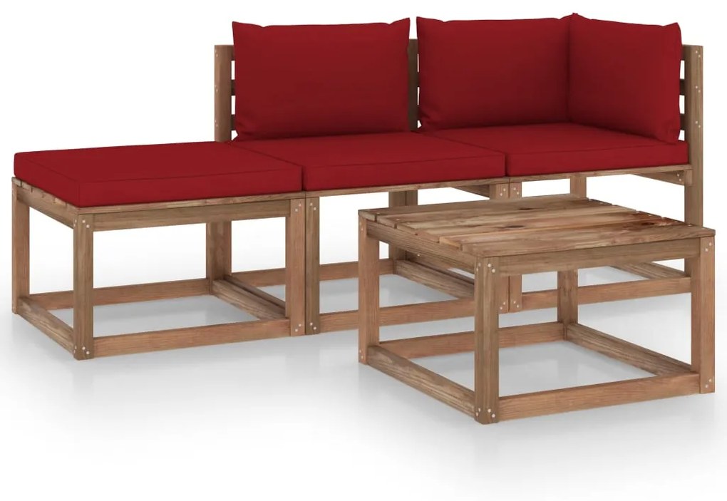 Set mobilier gradina paleti cu perne, 4 piese, lemn pin tratat Bordo, colt + mijloc + suport pentru picioare + masa, 1