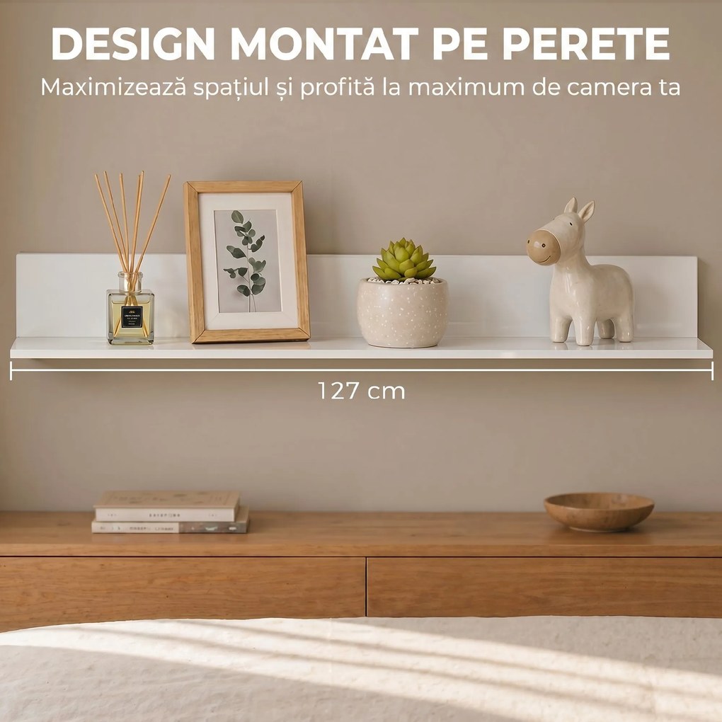 HOMCOM Etajeră de Perete pentru Living și Dormitor, Grosime 1,5 cm, Raft Suspendat din Lemn, 127x12x18 cm, Alb Lucios | Aosom Romania