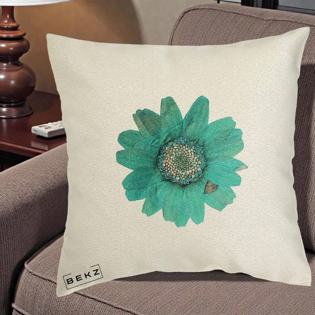 Perna Decorativa Floare Gerbera Teal Acuarela, 40x40 cm, Ecru, Husa Detasabila, Perna Inclusa, BEKZ®