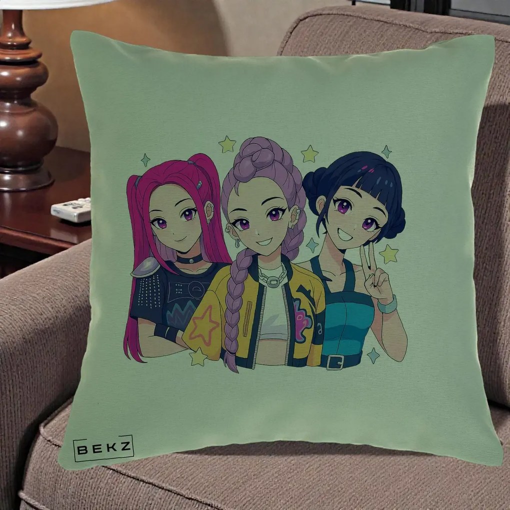 Perna Personalizata K-pop HUNTRX Trio Anime Stele, 40x40 cm, Verde, Husa Detasabila, Perna Inclusa, BEKZ®