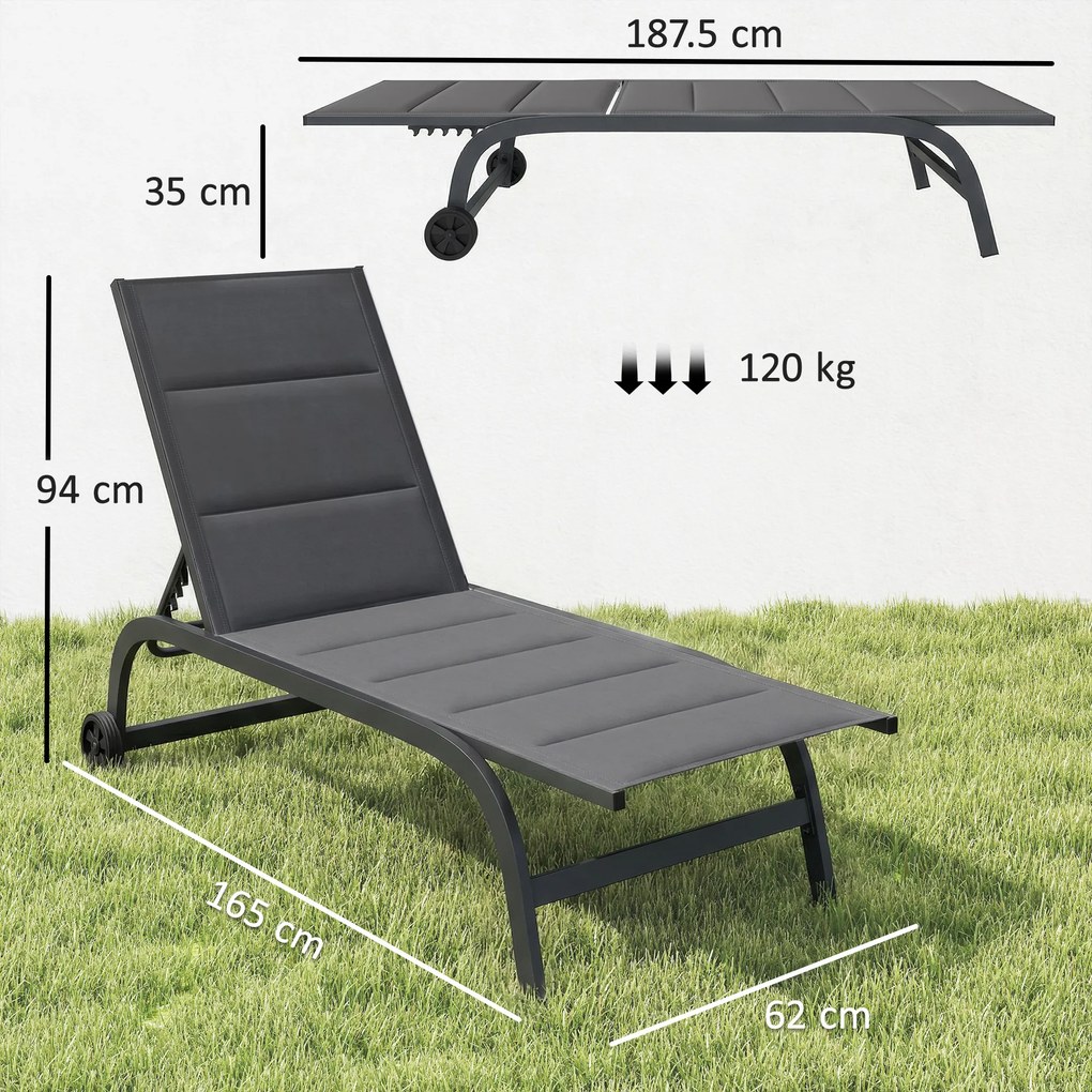 Outsunny Șezlong de soare material respirabil cu spătar reglabil în 6 trepte, roți, cadru din aluminiu Gri închis | Aosom Romania