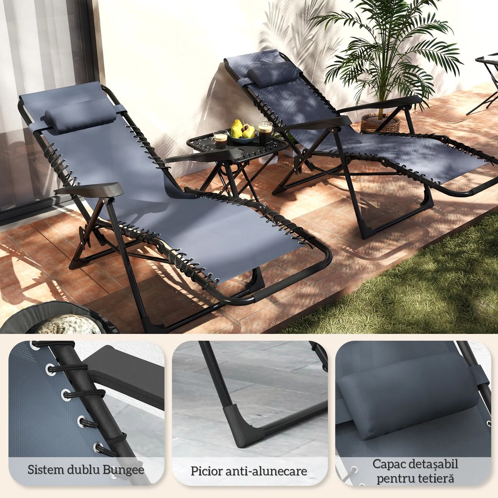 Outsunny Set de 2 Șezlonguri de Grădină cu Gravitație Zero și Măsuță cu Suport pentru Pahare, 47x47x54 cm, Gri | Aosom Romania