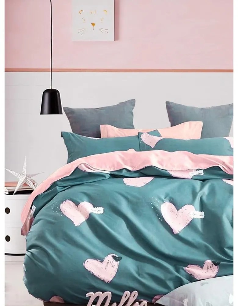 Lenjerie de pat verde/roz din bumbac ranforcé pentru pat dublu/extinsă cu cearceaf inclus/cu 4 piese 200x220 cm Beloved – Mila Home