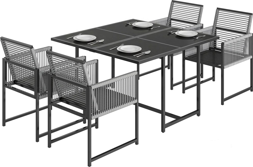 Outsunny Set mobilier grădină 5 piese masă din sticlă cu 4 scaune respirabile, spătare rabatabile, împletitură din sfoară | Aosom Romania