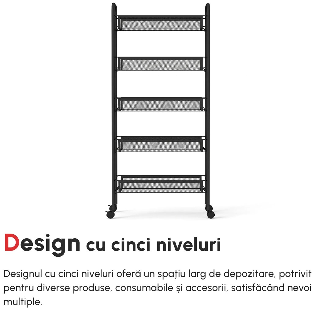 HOMCOM Cărucior de Bucătărie cu 5 Niveluri și Coșuri din Plasă, Soluție de Depozitare pentru Sufragerie, Design Modern | Aosom Romania