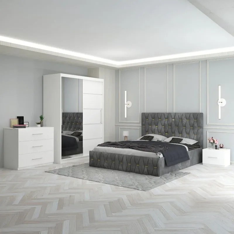 Set Mobila De Dormitor Eric Gri+Comoda, pat tapitat 160x200cm,  dulap cu oglinda 150x210cm, noptiere
