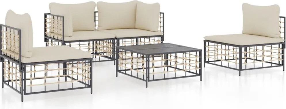 vidaXL Set șezlonguri de grădină 5 piese cu perne, antracit, poliratan