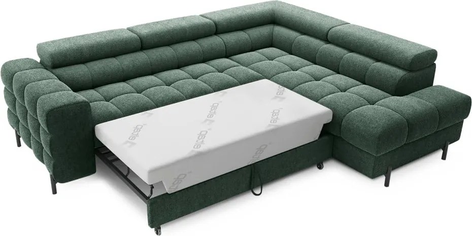 Colțar verde extensibil/cu spațiu de depozitare cu tapițerie din țesătură bouclé (cu colț pe partea dreaptă/în formă de ”L”) Ferucce – ELTAP